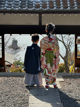 Children in Kimono celebrating Shichi-go-san at a shrine overlooking the Seto Inland Sea
