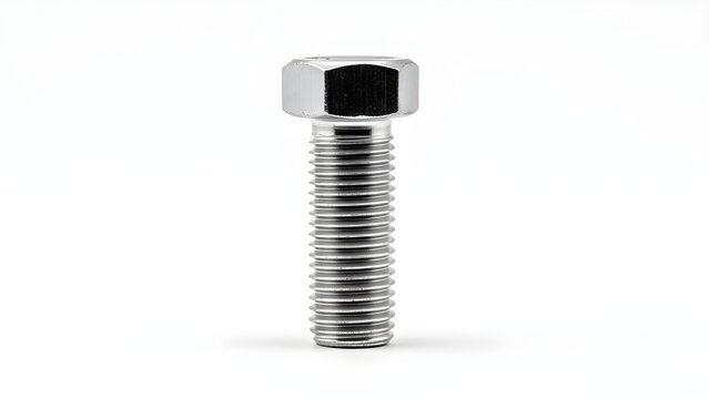 High-quality stainless steel hex bolt standing vertically, industrial fastener isolated on white background.