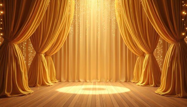 Stage with golden drapes illuminated by sparkling lights. Wooden floor shows spotlight circle. Elegant backdrop for awards galas or live performances, creating a festive atmosphere.