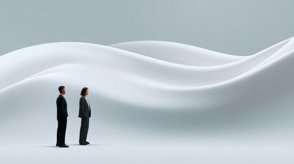 Obraz premium Business professionals standing together in front of smooth white waves, symbolizing teamwork, growth, and innovative ideas in a serene environment