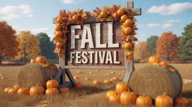 A wooden sign adorned with pumpkins and autumn leaves, set against a backdrop of hay bales and a pumpkin patch during fall festival