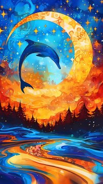 Animated dolphin leaps gracefully across a starry night landscape, with an orange moon and pine forest reflections on the water surface footage
