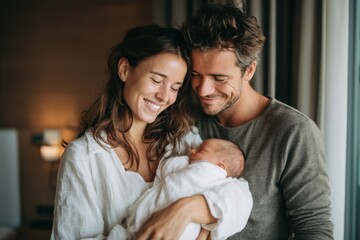 Fototapeta premium Young couple smiling while holding their newborn baby in a cozy indoor setting with soft lighting and modern decor, showcasing warmth and family connection