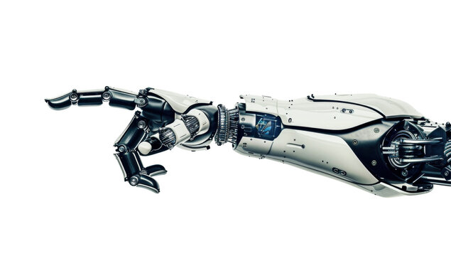 Futuristic Robotic Hand Pointing Finger, Transparent Background, PNG.