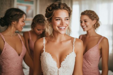 Obraz premium Bride in white lace wedding dress smiles joyfully as bridesmaids in pink dresses assist her with preparations in a bright, elegant indoor setting