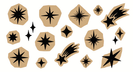 Collection of hand-drawn starbursts, shooting stars, and twinkling lights on a neutral background. © Joko