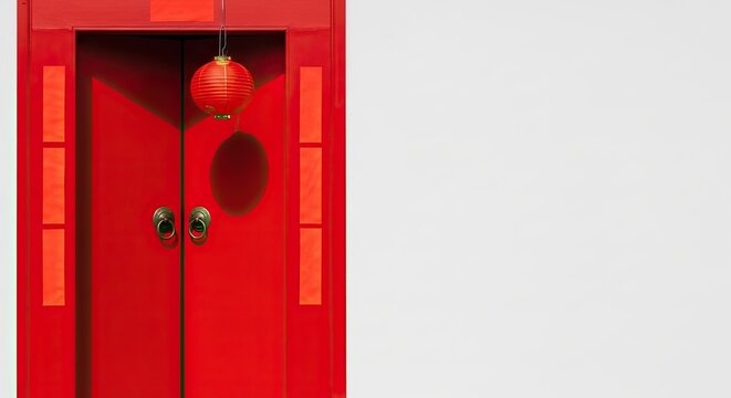 Red door with hanging lantern