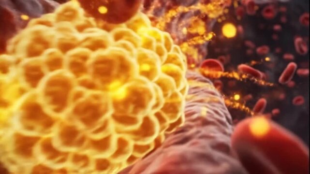 Red blood cells flowing through artery with cholesterol plaque build up.