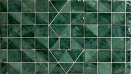 Abstract triangular dark green mosaic tile wallpaper texture with geometric fluted triangles background banner, created with generative ai
