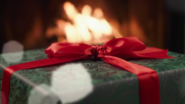 A gift with a red bow against a blurred fire background