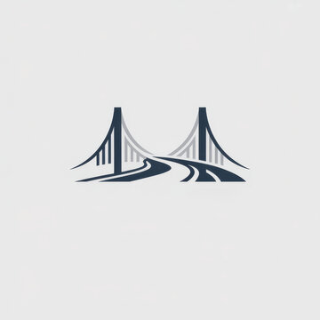 Minimal suspension bridge logo with sweeping roadway lines and tall towers in a clean navy outline on a light background representing transportation infrastructure travel and modern engineering