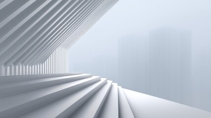 Obraz premium Minimalist architectural design featuring abstract white stairs and foggy cityscape in the background with soft lighting and clean lines