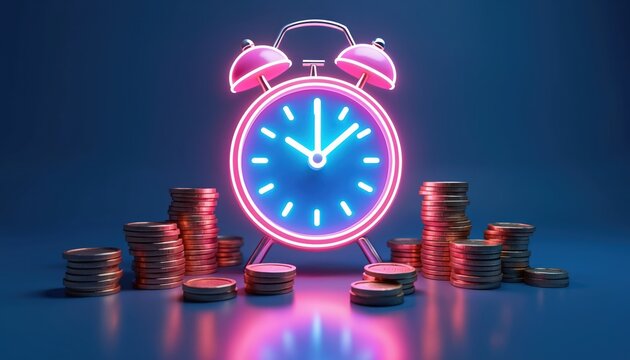 Glowing alarm clock and stacks of coins on blue background. Time and money concept. Financial planning, investment, wealth growth, budget management, and saving money.