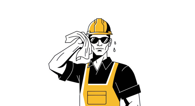 Construction worker wiping sweat with towel illustration in yellow and black