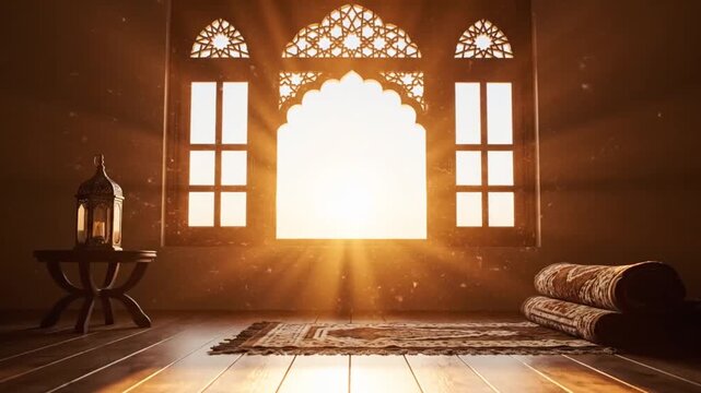 Sunrise illuminating ornate arched windows in serene traditional interior.