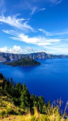Fototapeta premium A serene lake surrounded by mountains and trees under a blue sky (1)