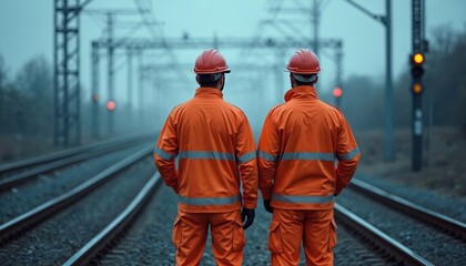 Naklejka premium Two men in orange work outfits and helmets stand on train tracks. They look away from the camera. Railway signals and overhead wires are visible in the background.