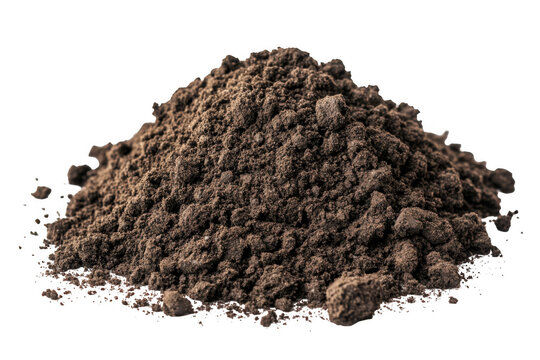 A pile of dark brown soil or dirt texture background for gardening or landscaping projects isolated on transparent background