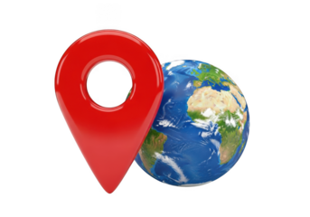 Red map pin pointing to the earth globe on transparent background isolated on transparent background