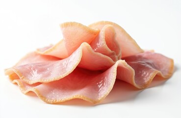 Thinly sliced cooked ham arranged on white background. Food ingredient for sandwiches, meals and snacks. Healthy pork product, delicious meat slice.