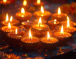 A serene arrangement of lit clay lamps on a dark surface