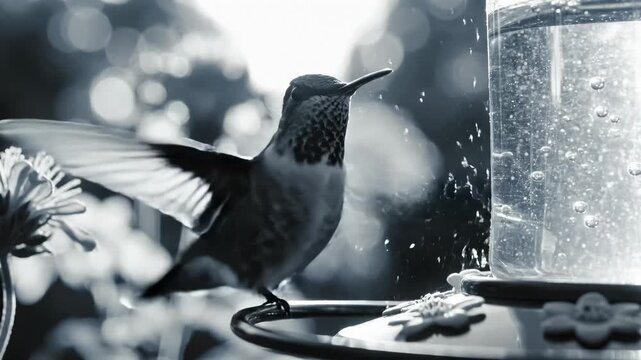 Hummingbird Drinking From Feeder on Sunny Day, Monochrome
