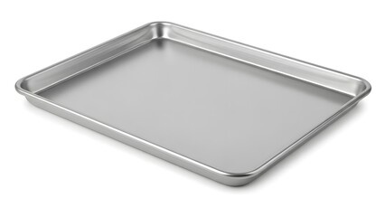 A clean, rectangular stainless steel baking sheet with a metallic finish, isolated on a white background. Perfect for kitchen and baking concepts.