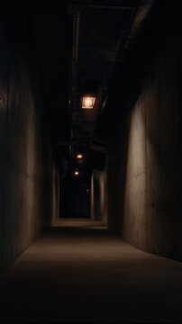 Dark narrow corridor with dim overhead lighting in an industrial building
