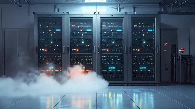 Server room with smoke, indicating a potential system failure or overheating issue.