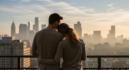 Fototapeta premium Couple embracing on rooftop balcony overlooking misty city skyline at sunrise.