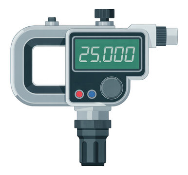 Digital micrometer with green display screen and buttons isolated on a transparent background