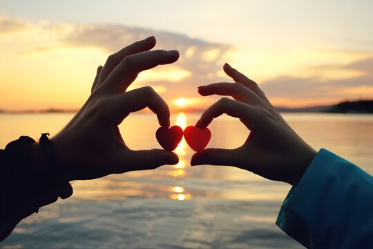 Couple's hands forming heart shape with love at serene sunset