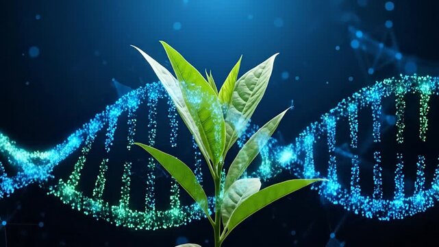 Plant and DNA Integration: A visual exploration of plant growth intertwining with a DNA double helix, symbolizing the intersection of nature, biology, and scientific innovation.