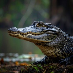 Obraz premium A close-up photo of a crocodile's head and upper body