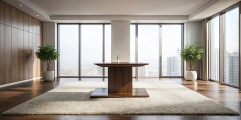 Fototapeta premium Modern Minimalist Table in Sunlit Room with Floor-to-Ceiling Windows and Lush Greenery