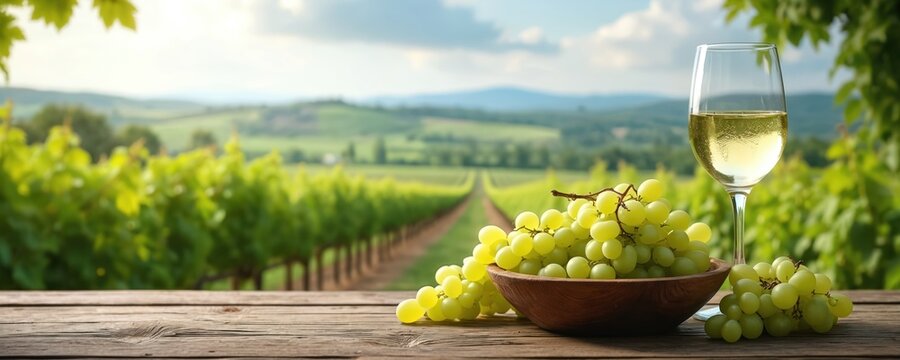Vineyard landscape with green grape vines, bowl of grapes, glass of white wine on wooden table. Rolling hills, cloudy sky backdrop. Wine tasting, winery scene.