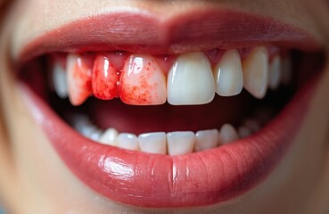 Obraz premium Close up of an open mouth showing teeth with inflamed red gums and visible plaque buildup. Dental hygiene issue requiring professional care. Focus on gum disease and oral health.