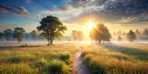 Fototapeta premium Golden Sunrise Illuminates a Misty Meadow Path, Trees Silhouetted Against a Radiant Sky