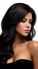 Fototapeta premium A closeup portrait of a woman with glossy dark waves and flawless makeup set against white, ideal for beauty, haircare, cosmetics, and fashion advertising designs.