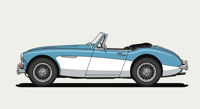 Blue and white vintage convertible car illustration.