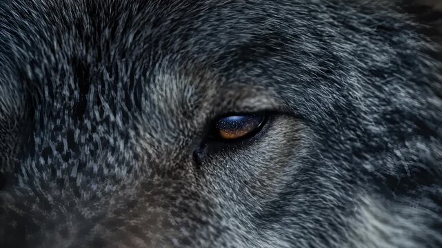 Close-Up of Wolf Opening and Closing Eye With Galaxy Reflection