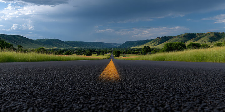 3D rendering of low angle empty asphalt road leading through green valley