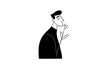 Minimal Black and White Illustration of Man Holding a Flower