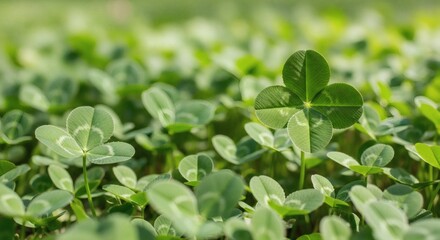Four Leaf Clover Standing Out in Green Field for Success and Rare Opportunity Concept