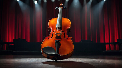 a violin is in the middle of the stage with a spotlight and a red curtain background