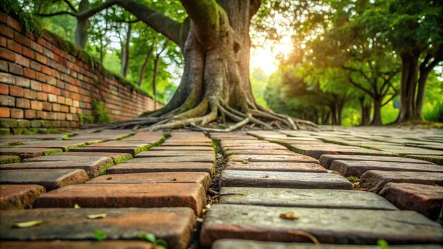 Ancient Tree Roots Embrace Brick Pathway in a Sun-Drenched Park