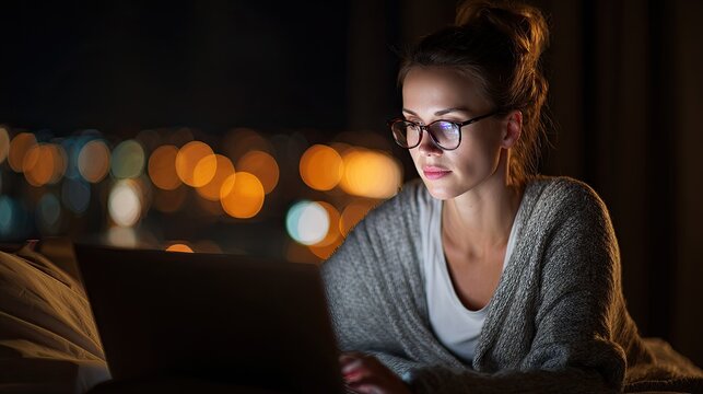 Woman using laptop computer at night bokeh background working from home