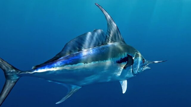 A powerful billfish with vibrant silver-blue scales and a prominent dorsal fin glides gracefully through the deep blue ocean. Its pointed bill highlights marine speed and beauty. This majestic aquatic