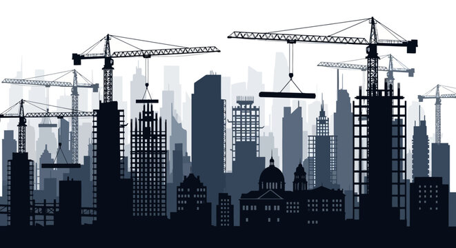 Cityscape Construction Scene with Cranes and Skyscrapers Under Development