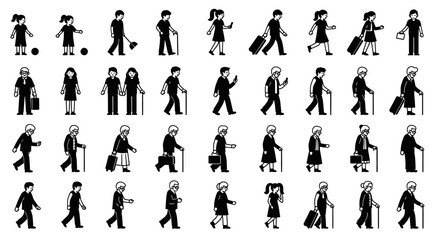 Fototapeta premium Diverse Group of People of All Ages Walking and Standing, Silhouette Collection